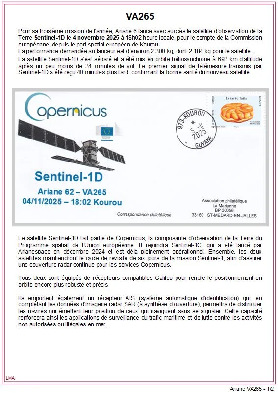 Fiche pour enveloppe lancement Ariane 6 VA265