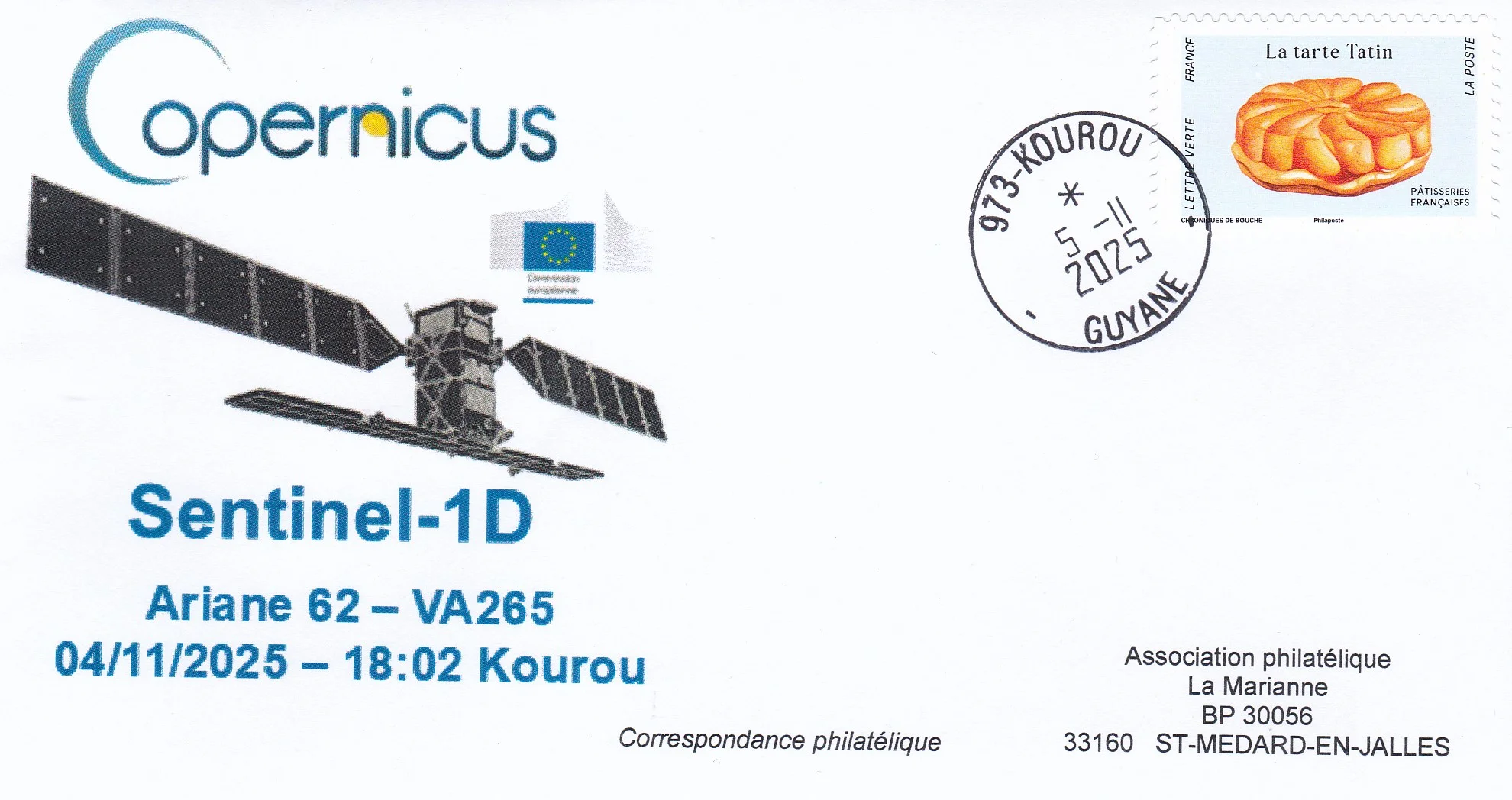 Enveloppe philatélique lancement satellite Sentinel-1D en novembre 2025