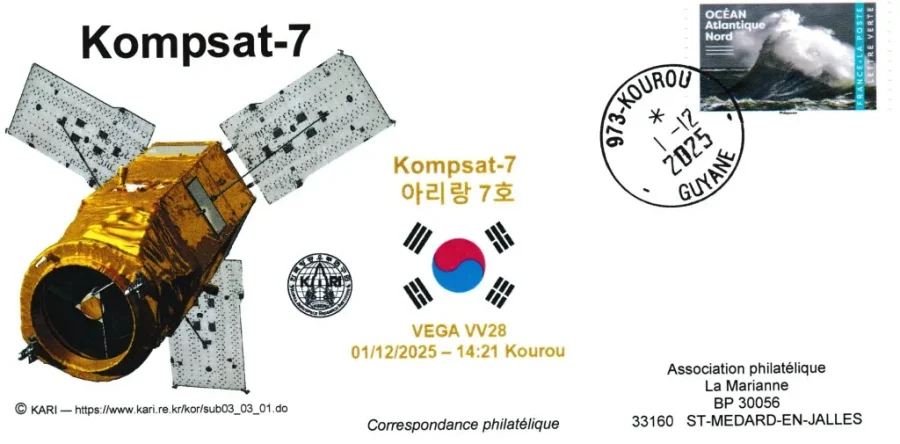 Enveloppe philatélique lancement satellite Kompsat en décembre 2025
